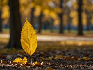 Bright yellow autumn leaf against a bokeh background of golden trees in a park.