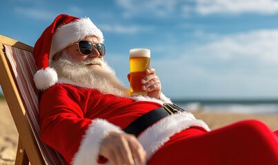 Santa Claus on Vacation: Relaxing on the Beach with a Beer