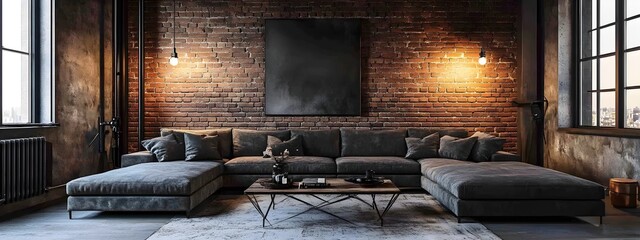 Moody and sophisticated urban loft with exposed brick walls industrial chic lighting and a plush L shaped sectional sofa in a rich color palette