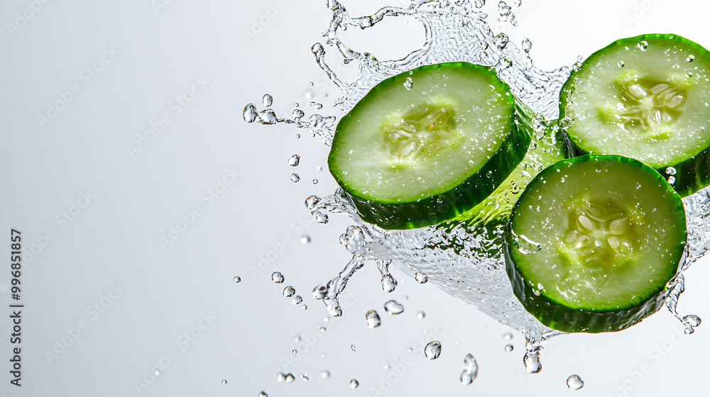 Aufkleber fresh cucumber slices splash in vibrant water, creating refreshing scene