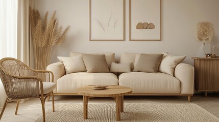 The image could be named Modern living room with a comfortable leather sofa and elegant interior design featuring luxury decor and furniture