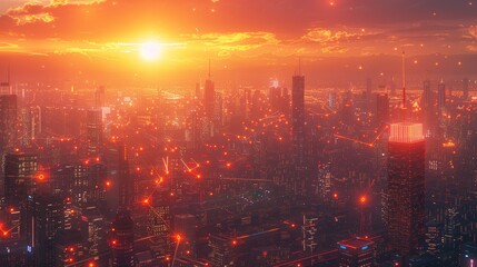 Fototapeta premium Futuristic cityscape showing data connections at sunset