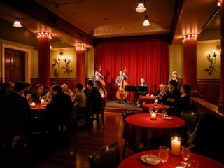 A jazz band performs on stage with a double bass, piano, and trumpet in a dimly lit restaurant, evoking a cozy atmosphere of live music and dining pleasure.