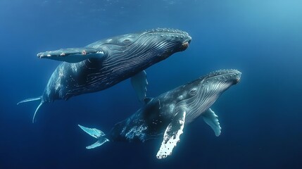 Fototapeta premium Graceful humpback whales swimming together in the deep blue ocean, showcasing their beauty and majesty underwater.