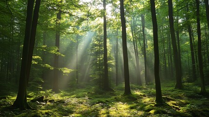 Obraz premium Serene forest scene bathed in sunlight, with tall trees and vibrant green foliage creating a tranquil, nature-filled atmosphere.