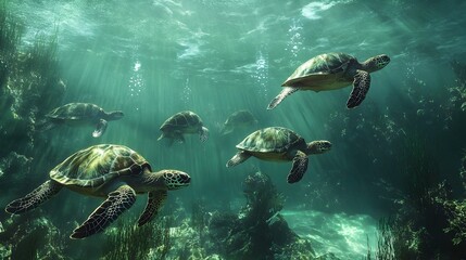 Obraz premium Peaceful underwater scene showcasing a diverse array of gracefully swimming sea turtles within their natural tropical ocean habitat
