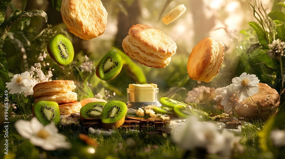 Poster photographic documentation of a fantastical breakfast spread with oversized floating biscuits weight