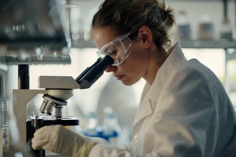Poster woman in lab coat examining samples under microscope in a laboratory setting