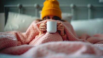 Cozy Morning, A woman relaxes in bed on a soft pink blanket, enjoying a warm drink from a white mug. She wears a cozy yellow beanie as sunlight streams through the window.