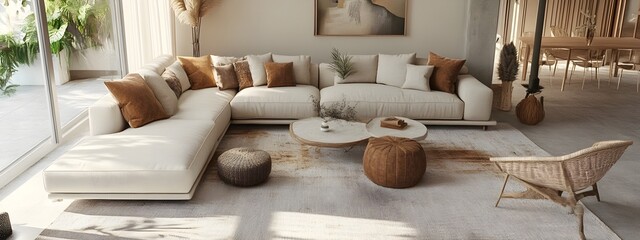 Refined and elegant 3D rendered living area showcasing a sumptuous L shaped sofa a mix of natural textures and calming color accents and an overall serene and sophisticated aesthetic