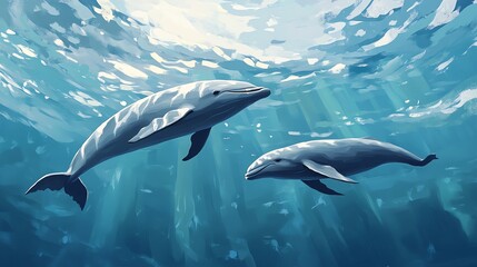 Naklejka premium Two dolphins swimming gracefully in clear blue water, showcasing the beauty of marine life and ocean biodiversity.