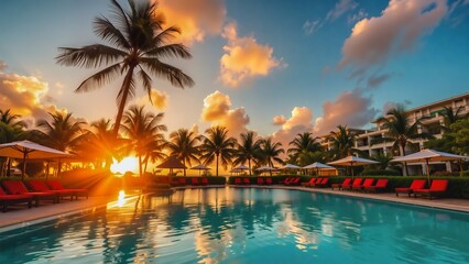 Obraz premium Tropical Paradise Sunset Poolside Retreat , Relaxing tropical resort setting at sunset. A large swimming pool with red lounge chairs surrounded by swaying palm trees.