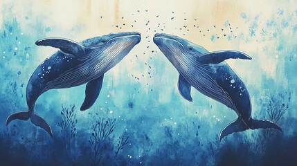 Fototapeta premium Two majestic whales gracefully swim together through vibrant blue waters, showcasing their beauty in an underwater dance.