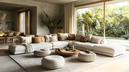 Refined and elegant living area showcasing a sumptuous L shaped sofa a mix of natural textures and color accents creating a calming and serene vibe