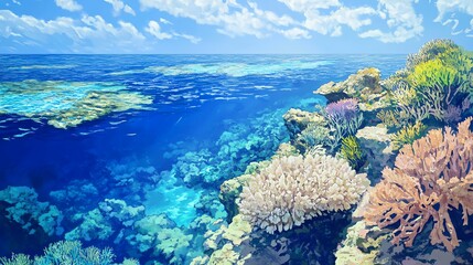Fototapeta premium Vibrant coral reef under a clear blue sky, showcasing rich marine life and stunning underwater scenery.