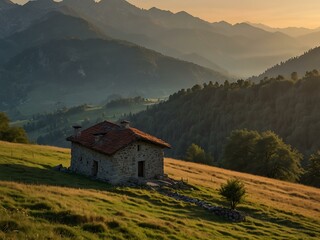Capanna Cornavosa in the Ticino mountains at sunset.