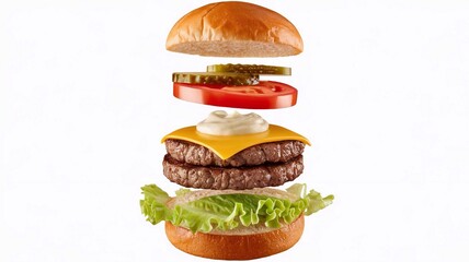 exploded view of a layered burger with all ingredients isolated
