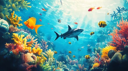 Vibrant underwater scene featuring colorful corals and diverse fish, including a majestic shark swimming gracefully.
