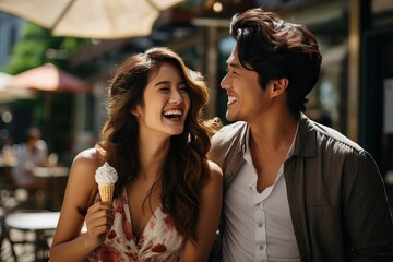A guy and a girl of Asian appearance are eating ice cream on the street.
