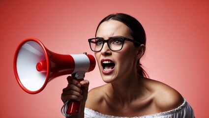 Naklejka premium Woman shouting into megaphone with red background