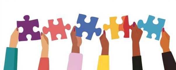 Incorporate diverse hands holding puzzle pieces, symbolizing collaboration and unity in putting together the picture of success for women's business financial health Generative AI