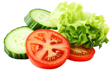
Isolated vegetables. Fresh cut tomato, cucumber and lettuce (salad ingredients) isolated on white background, generative ai