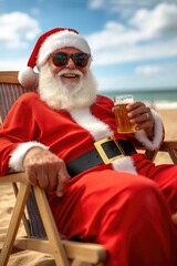 Santa Claus on Vacation: Relaxing on the Beach with a Beer