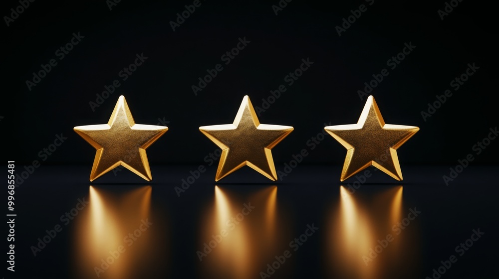Poster three golden stars are arranged in a row on a reflective surface, capturing light against a dark bac