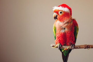 Fototapeta premium Scarlet Macaw in Santa Hat Perched on Branch, copy space