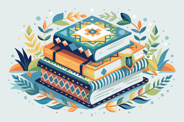 Vibrant Stack of Decorative Books Surrounded by Nature Illustration