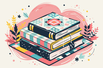 Vibrant Illustration of Stacked Books with Floral Elements