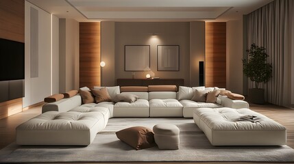 Refined and sophisticated contemporary living room with a sprawling modular sofa clean lined architectural details and tasteful color accents bathed in soft natural illumination for a serene