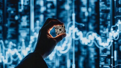 Data Analysis in Action , Close-up shot of a hand holding a circuit board near a computer screen displaying a complex graph or data.