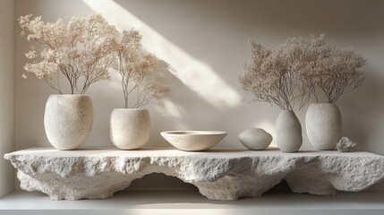 Clean white backdrop with organic materials and textures, offering a minimalist yet natural aesthetic.