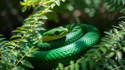 Fototapeta premium Emerald Serpent in Verdant Embrace, A vibrant green snake coils within a dense canopy of lush green leaves.