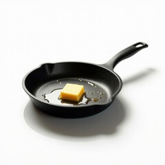 A black frying pan with a cube of butter melting in oil, perfect for culinary, cooking, or food branding projects.