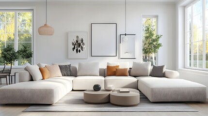 Refined and Welcoming Modern Living Space Featuring a Comfortable L Shaped Sofa Clean Lined Decor and Bright Natural Lighting with a Scandinavian Design Influence