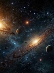Celestial bodies and galaxies in open space.