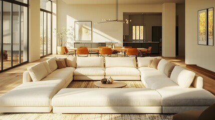 Relaxing and Stylish Contemporary Living Space with a Large U Shaped Sectional Couch and Refined Minimalist Furnishings the Vibrant Color Tones Adding a Touch of with Intricate Textures