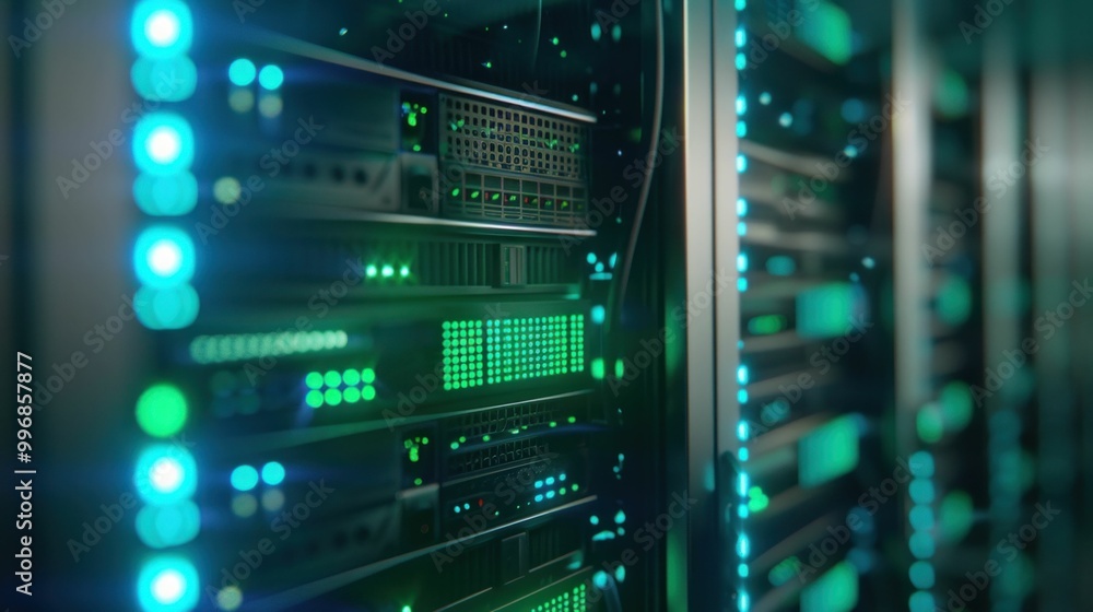 Poster close up of server racks with glowing lights in a data center environment, showcasing technology and