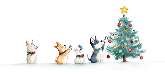 Weihnachtlich dekorierende Hunde am Weihnachtsbaum – Lustige Illustration im Bannerformat und Textfreiraum