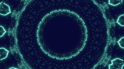 Obraz premium symmetrisches Netzwerk aus leuchtenden Lichtern, Datentransfer, Technologie, Informationsfluss, Wissenschaft, digital, Muster, türkis, grün, schwarz, Technologie 