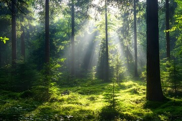 Obraz premium sunlight penetrating through the trees, green dense forest, relaxing environment