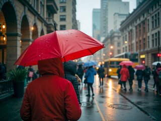 Obraz premium An image showing people holding red umbrellas, walking through a rainy city street filled with buildings and a yellow bus, capturing the essence of a typical rainy urban day.
