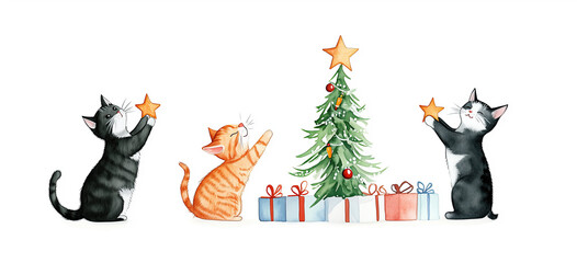 Weihnachtlich dekorierende Hunde am Weihnachtsbaum &ndash; Lustige Illustration im Bannerformat mit Textfreiraum