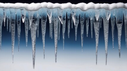 Icicles hanging with snow on a roof edge