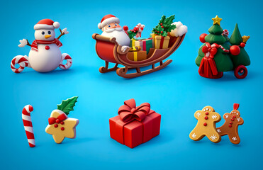 Obraz premium Christmas scene with Santa's sleigh filled with gifts, gingerbread cookies, and a snowman on a blue background.