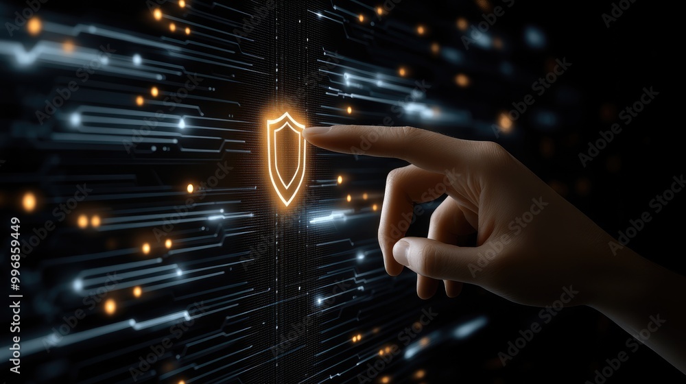Poster a businessman is engaging with a virtual screen showcasing a security shield and crossed-out icons, 