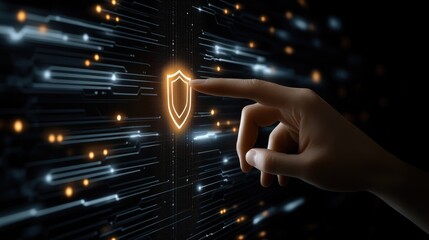 A businessman is engaging with a virtual screen showcasing a security shield and crossed-out icons, emphasizing online safety in a digital network framework