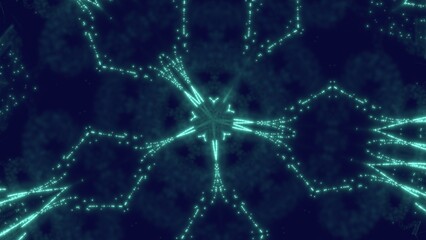symmetrisches Netzwerk aus leuchtenden Lichtern, Datentransfer, Technologie, Informationsfluss, Wissenschaft, digital, Muster, türkis, grün, schwarz, Technologie
